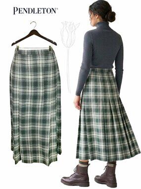 Pendleton Vtg Wool Pleated Midi Skirt - Green/Gray Tartan Plaid - MINT Deadstock